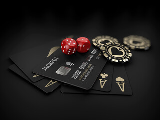 3d Rendering of casino gold chips and black play cards with bank card. clipping path included