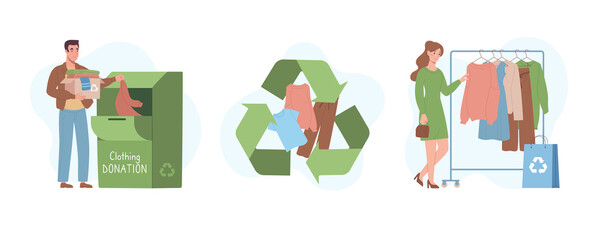 Textile recycling, eco concept. People sent for recycle used clothes to create eco-friendly fashion. The girl chooses natural clothes made from recycled fabrics. Vector illustration in flat cartoon.