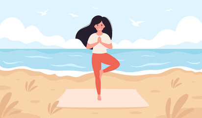 Woman doing yoga on beach. Hello summer, summer leisure, vacation. Healthy lifestyle, self care, yoga, meditation. Hand drawn vector illustration