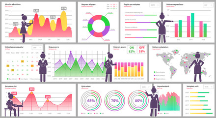 Analytics information and development statistics. Dashboard seo optimization, digital info. Presenters show statistical indicators and data on diagram. Colleagues giving presentation of report