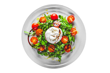 salad with burrata cheese, arugula salad and tomatoes in plate isolated on white background