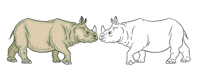 In the animal world. Coloring for children, a large and terrible rhino. Vector image.
 Color and black white pattern, background, design.
