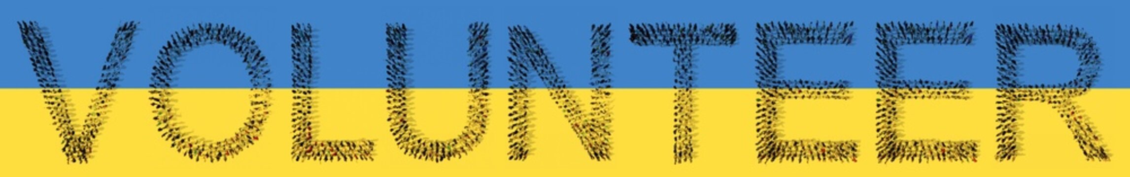 Concept conceptual community of people forming  VOLUNTEER word on Ukrainian flag. 3d illustration metaphor for helping, assistance, compassion, charity,  donation, community, kindness and generosity
