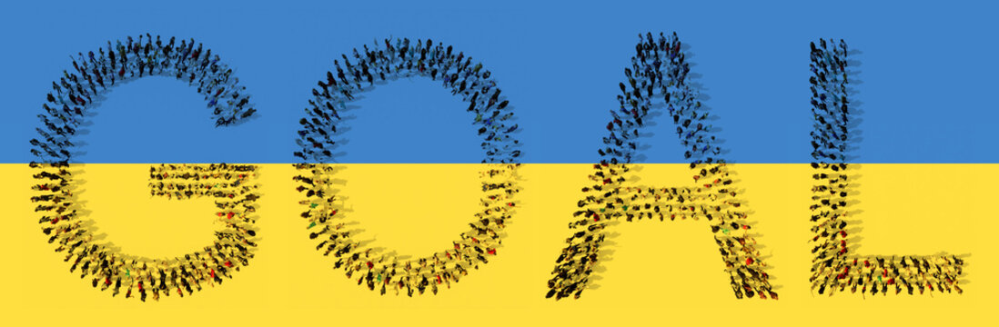 Concept conceptual community of people forming  GOAL word on Ukrainian flag. 3d illustration metaphor for freedom and democracy, leadership and vision, resilience, determination and fighting spirit