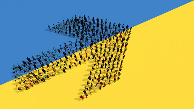 Concept or conceptual community of people forming the road sign on Ukrainian flag.  3d illustration metaphor for decision, strategy, leadership, politics, international support and direction