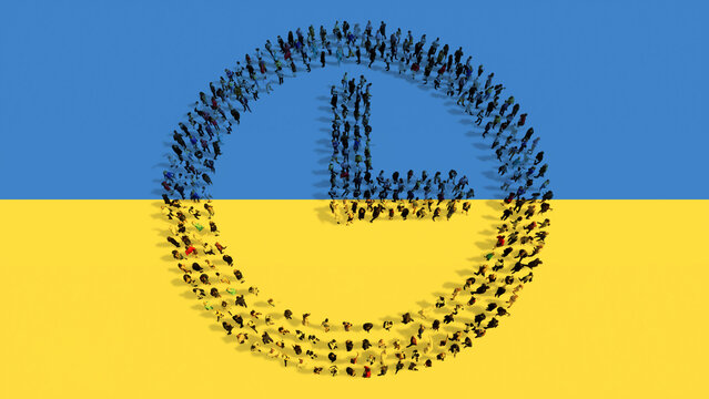 Concept or conceptual community of people forming the clock icon on Ukrainian flag.  3d illustration metaphor for no time, countdown,  risk, danger, urgency, help, need and stopwatch