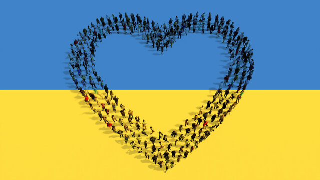 Concept or conceptual community of people forming the like icon on Ukrainian flag.  3d illustration metaphor for on-line support, social media, communication, volunteer groups, help, kindness and care