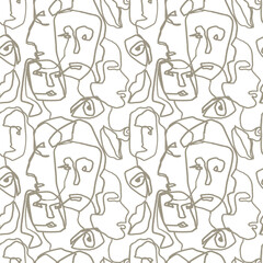 Line art faces on white background seamless pattern. Human portrait brown outline repeat print. People heads design for textile, fabric, wallpaper, wrapping paper, decoration.