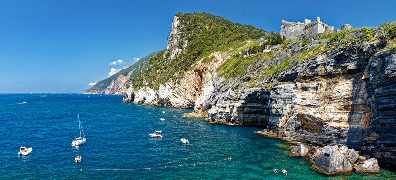 The Lord Byron sea cavern and the Doria Castle in Portovenere, Liguria, Italy
