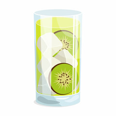 Drink glass with kiwi juice or a cocktail with ice and kiwi slices. Vector graphic.