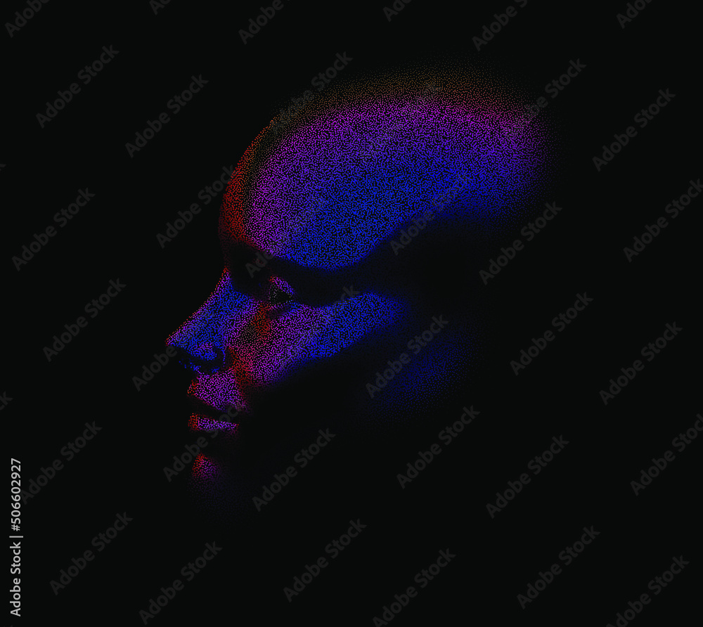 Poster abstract 3d illustration of a human head made of many particles or dots. concept of the artificial i