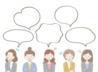 スーツ姿の女性たち　悩む　困る　フレーム　ふきだし