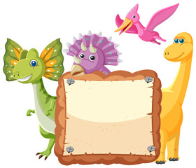 Empty board with cute dinosaurs cartoon characters