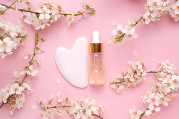 Glass bottle with oil, Gua sha stone for face massage on a pink background with blooming cherry....