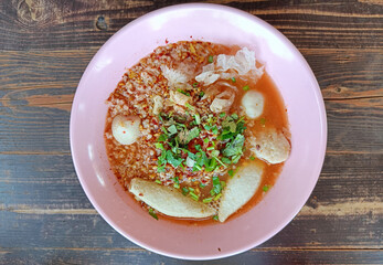 Thai call Yentafo Tom Yum Noodle, Thai food tastes good and delicious