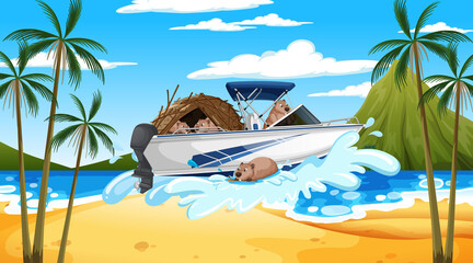 Ocean scene with group of beavers on speedboat