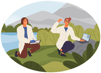 Man exploring nature, analyzing river water. Researcher takes samples of biomaterial. Environmental and ecology research. Scientist conducts ecological experiment. Explorers work with water in lake