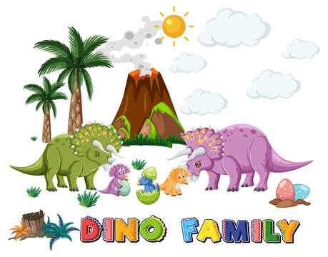 Dinosaur family with forest objects