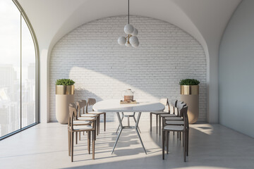 Sunny modern interior design dining area with stylish floor flower pots, light big table, wooden...