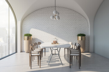 Sunny modern interior design dining area with stylish floor flower pots, light big table, wooden chairs around, brick niche in the wall and city view from huge window. 3D rendering