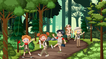 Children hiking in the forest
