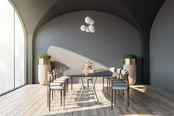 Sunny classic style interior design of dining area with wooden floor and chairs, big glossy table, brown shadows wall and arch window. 3D rendering