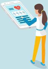 Online medical treatment, diagnostics concept. Mobile app for consultations and diagnosis. Woman uses program for health analytics. Girl looking at medical application interface for smartphone