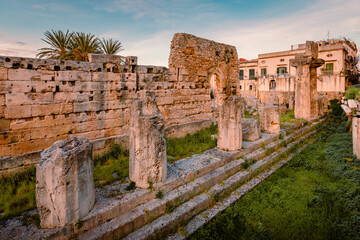 Temple of Apollo in the centre of Ortigia, Syracuse at sunset