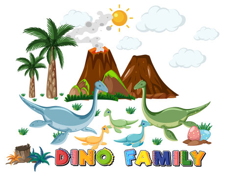 Dinosaur family with forest objects