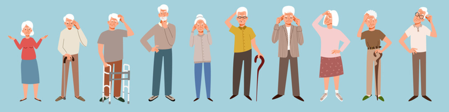 A group of forgetful elderly people. Grandma and Grandpa are thinking, trying to remember. Characters with Alzheimer s disease. Vector illustration in a flat style.