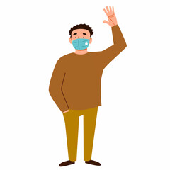 A fashionable man in a medical mask greets. Friendly greeting of a strong young guy. Vector illustration in a flat style, isolated on a white background.