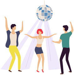 Young people spending time together at party, Man and women dancing and having fun. Group of friends while dancing in nightclub with disco ball. Dance, entertainment, pastime recreation concept