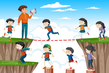 Outdoor scene with children balancing walking game