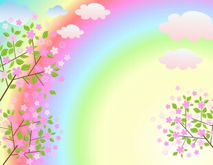 Obraz na płótnie Canvas Spring poster with colorful rainbow, blossoming cherry-tree or apple tree and clouds. Concept for flyers, social media greetings, web banners