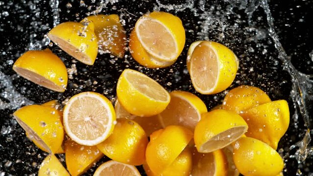Super Slow Motion Shot of Flying Fresh Lemons