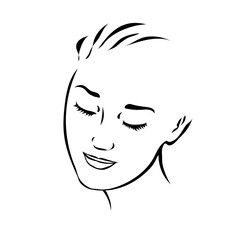 Fototapeta na wymiar Linear sketch of a beautiful face of a girl. Logo for a beauty spa salon. Vector black and white fashion illustration. Hand drawn style