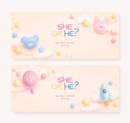 He or she. Boy or Girl. Set of cartoon gender reveal invitation template. Horizontal banner with realistic toys and helium balloons. Vector illustration