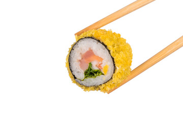 bamboo sticks hold a roll with fried salmon, isolated on a white background