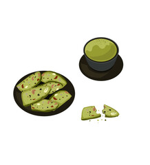 Isolated set of hot green tea and plate of whole grain, nut and seed biscuits matcha flavour on white background.Organic product, Homemade cookies  Grains brittle vector illustration.  - obrazy, fototapety, plakaty