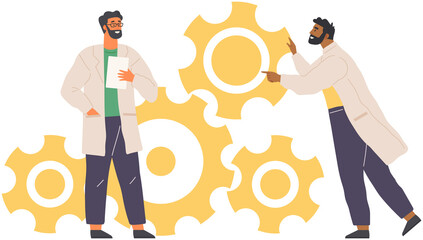 Search for solutions, project creation concept. People in lab coats create plan of new startup. Scientists working on innovative idea. Chemists near gears as symbols of invention vector illustration