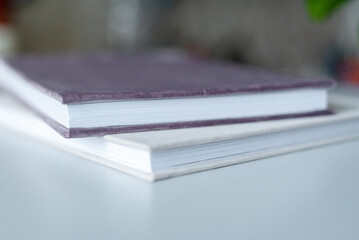 album-book with heavy pages in a white-pink cloth cover 