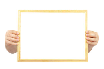 Hand holding wooden frame with copy space, isolated on white background, white area for text on timber frame, remarkable image for advertising banner, message text concept