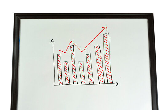 Bar chart with black red color marker on whiteboard, growing economy idea, up and down arrow graphic, presentation concept, inflation and profit example, copy space with brown wooden frame, top view