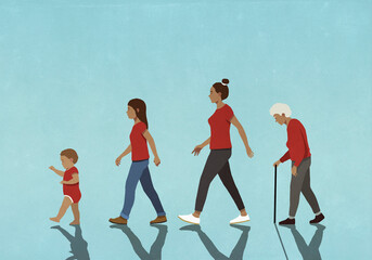 Multigenerational females in red walking in a row
