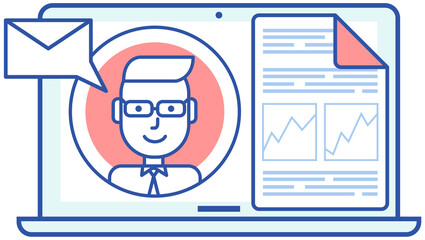 Working in accounting, data analysis, audit, project management, research concept. Office paper sheet, digital papework near user profile icon. Man works with statistics, documents and email