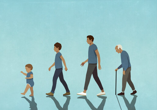 Multigenerational males in blue walking in a row
