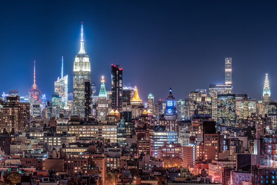 New York City skyline at night, USA