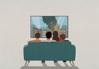 Family watching war bombing destruction on television news in living room at home
