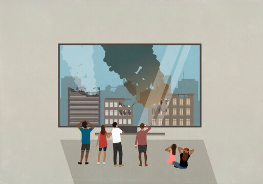 People watching bombed building destruction on television news
