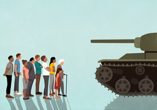 Community face to face with military tank
